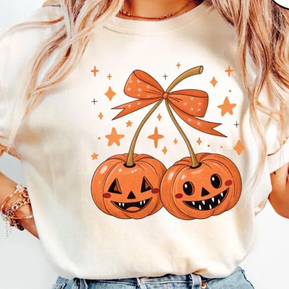 Tops - Pumpkin Cherries T-Shirt, Fall Pumpkin Shirt, Autumn Pumpkin Shirt, Spooky Tee